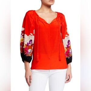 KOBI HALPERIN Silk Blouse Ballon Arms Red Orange Flower Detail Size Large